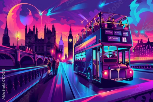 A vibrant painting capturing the bustling atmosphere of a city street with a double decker bus. photo