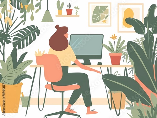 Digital Nomad Flat Illustration of a Woman Diversity Balancing Work and Wellness in Nature Work from home Remote work