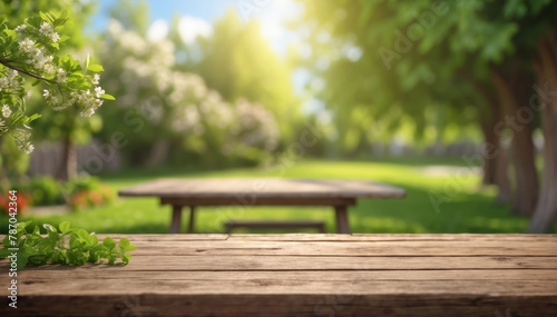 Blurred Spring background with green lush foliage and flowering branches with an empty wooden table   © Mystery