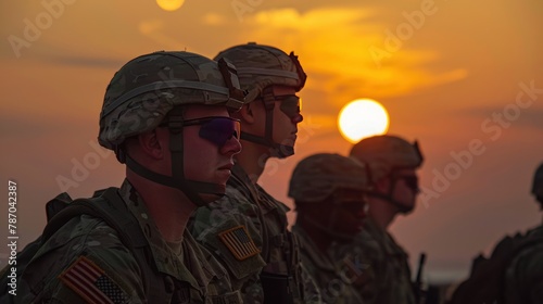 A group of soldiers in profile, standing in formation against a stunning backdrop of a setting sun - AI Generated Digital Art