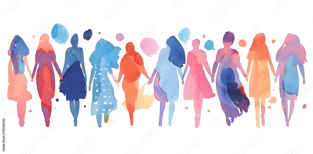International women's day watercolor banner. Group silhouette of multicultural women holding hands standing together isolated on white background. Copy space for text