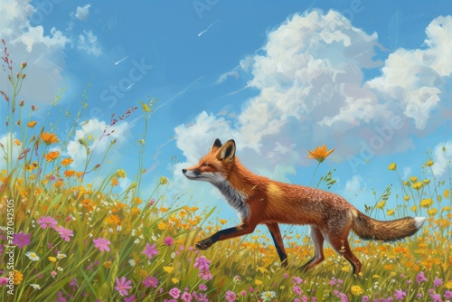 A mischievous red fox is captured in action as it runs through a vibrant field of wildflowers.