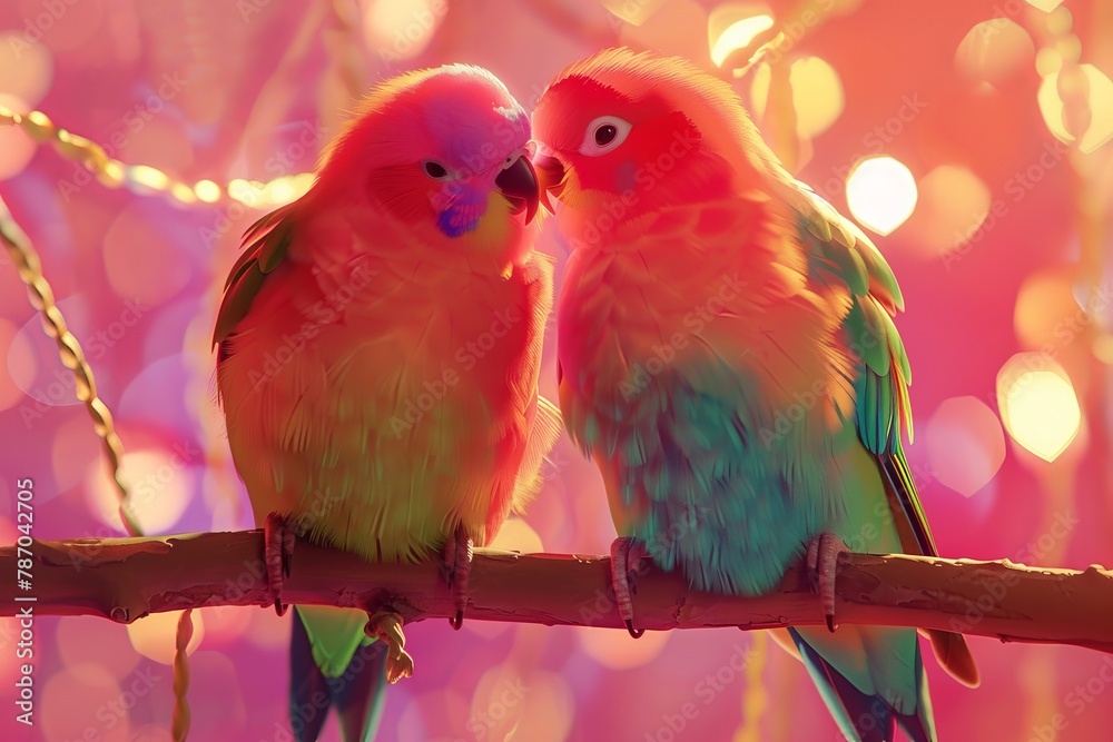 Two lovebirds, vibrant and enchanting, are sitting on a branch, enhancing the beauty of the scene.