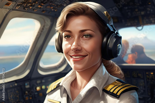 Woman airline pilot smiling portrait in plane cockpit Day time,