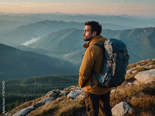 A young happy European man a tourist backpack stands on top of a rock in the mountains, travels and enjoys a beautiful view of the mountains, sky or nature. Untouched nature. 