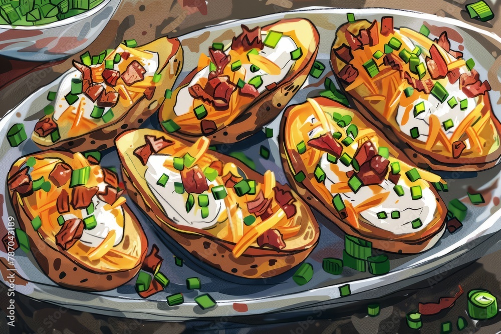 Fototapeta premium This photo showcases a painting of a platter filled with loaded baked potatoes, topped with cheese and bacon.