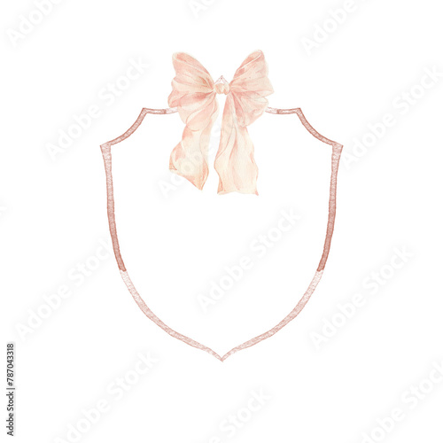 Peach fuzz wedding frame. Watercolor bow. Watercolor wedding crest.