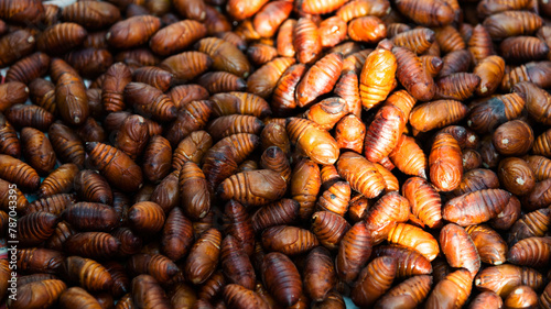 A pile of silkworm pupae in market photo