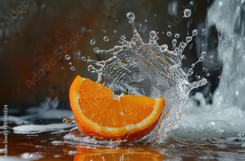Picture a scene where a halfcut orange meets the surface of clear water, capturing the intricate details of the splash as it unfolds in a highspeed spectacle photo