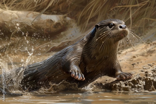 A sea otter happily playing in the water, splashing and frolicking with joy.