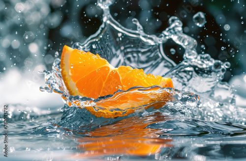 Picture a scene where a halfcut orange meets the surface of clear water, capturing the intricate details of the splash as it unfolds in a highspeed spectacle photo