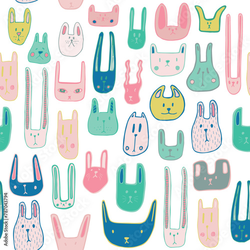 Color cute muzzles of cats, mice, rabbits. Seamless pattern with little animals. Cute baby pattern with fluffies. Vector illustration.