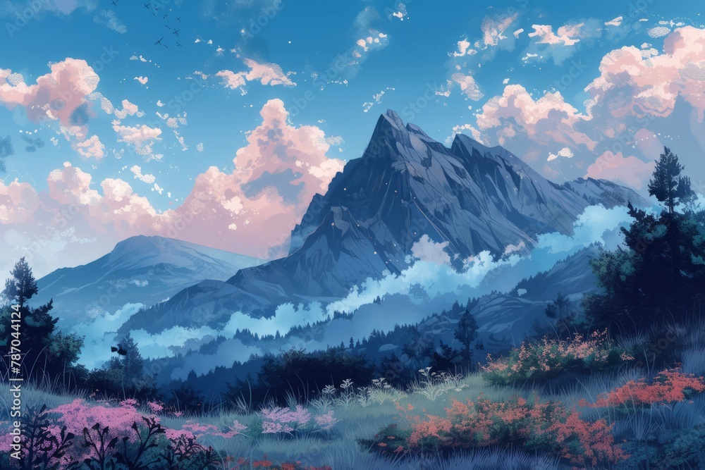 A painting capturing a serene landscape with a majestic mountain, adorned by clouds and flowers.