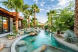 A shimmering pool surrounded by palm trees, creating a serene desert oasis next to a house.