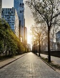 Menschenleere Straßen in einer Großstadt - Bäume und Laternen zieren die Straßen