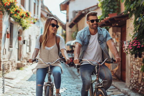 Pedaling along a rugged cobblestone path, a couple glides past ancient structures and vibrant foliage, their bicycle wheels navigating the uneven terrain effortlessly
