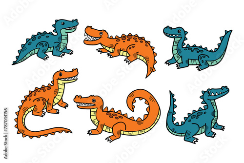 A set of six cartoon crocodiles are sitting in various poses