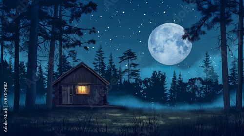 Night landscape with a starry sky and a small lonely cabin in the mountain forest