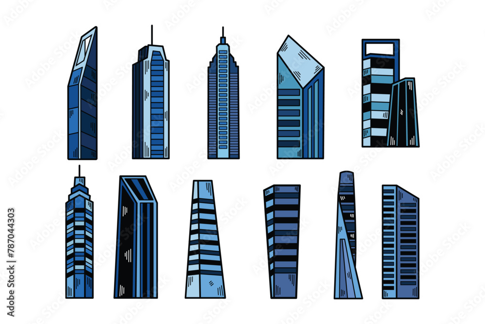 A set of blue buildings with different shapes and sizes