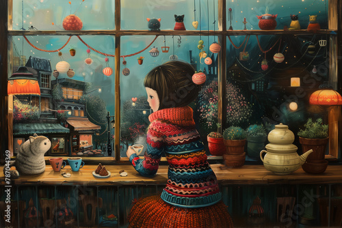 Child adorned in a colorful sweater, gazing out of a window at an enchanting evening scene. Window reveals whimsical world outside, adorned with hanging lanterns that illuminate quaint houses