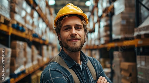 Portrait of worker in the warehouse is smiling, Warehouse shelves on background. Generative AI. © visoot