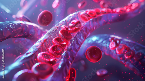 A 3D rendering of red blood cells flowing through a vein.