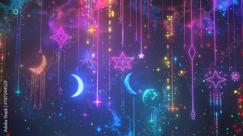 A beautiful glowing neon stars and moons background.