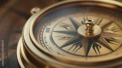 A closeup of a golden compass on a wooden table.