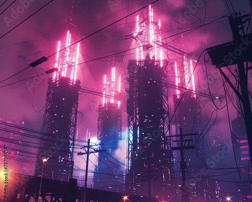 A dark city with large buildings and a purple sky.