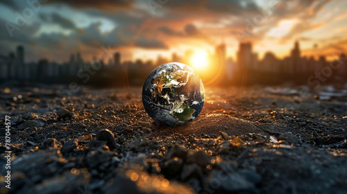 A lone planet Earth sits on a cracked and broken surface with an orange backdrop of a ruined city.