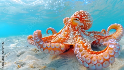 An organism from marine invertebrates, the octopus, is gracefully sitting on the sand underwater in the azure fluid of the ocean © RichWolf