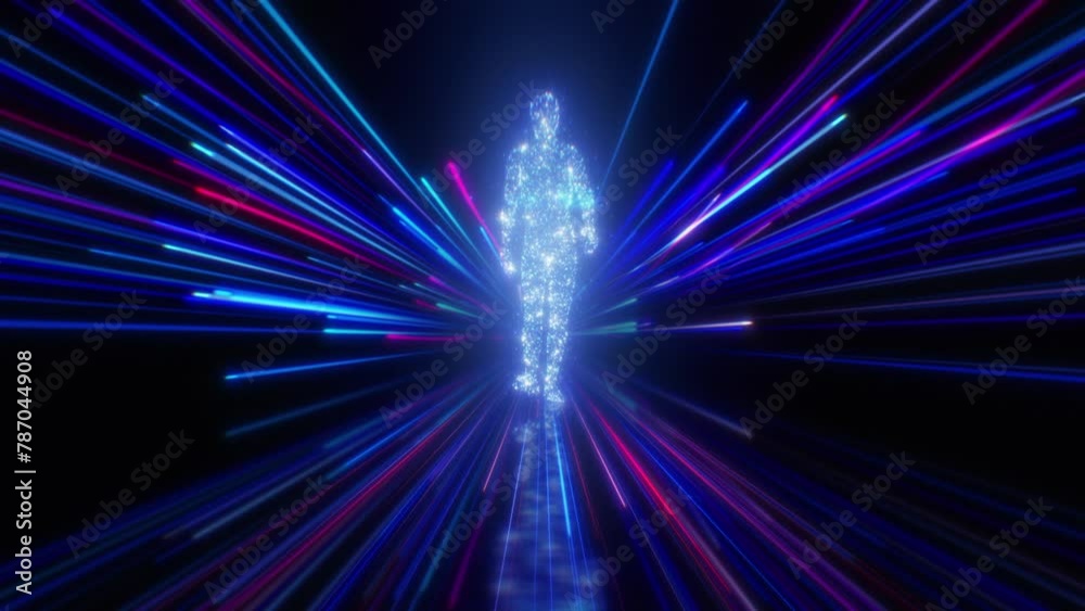 Digital Age Illustration. Futuristic Man Hologram Walking in Cyber Space, Digital Lines Growing Around. Blue Purple Colors Technology Concept Artificial Intelligence Neural Networks 3d Animation 4k.