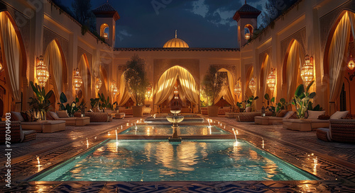 Luxury tents in the courtyard of an Arabian palace by night, a fountain in the middle. Generative AI. photo
