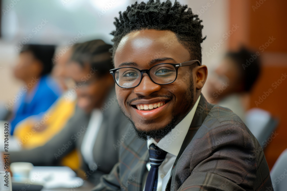 In a professional setting, a young African entrepreneur wears a confident smile during a boardroom meeting, showcasing his competence and ambition.