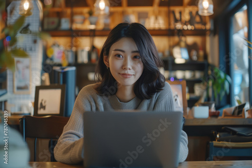 Japanese casual business woman working on laptop computer, making video conference via online meeting app at coffee shop. Student studying online course, e-learning, remote work © AI_images