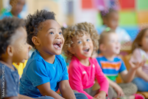 Little ones in class energetically vocalize vowel sounds, their eager voices filling the room as they engage in a group activity focused on phonetic development. photo