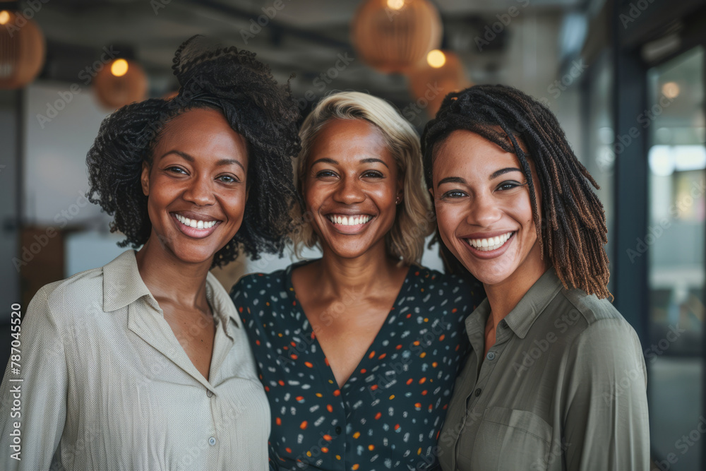 Smiling brightly, a group of three businesswomen showcases unity and resilience in the office, inspiring collaboration and innovation. Smiling brightly, a group of three businesswomen showcases unity and resilience in the office, inspiring collaboration and innovation.