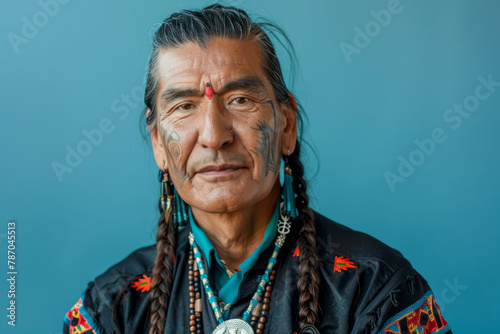 Self-assured Native American gentleman showcasing stylish braided hair and adorned with jewelry against a blue backdrop.