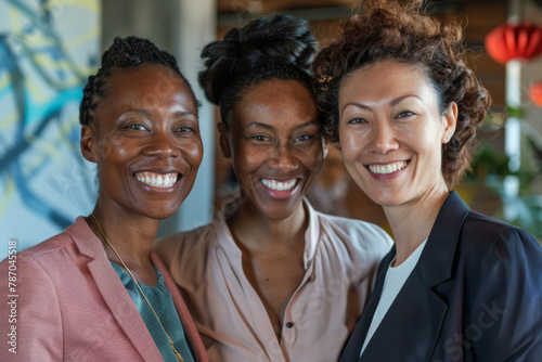 Smiling brightly, a group of three businesswomen showcases unity and resilience in the office, inspiring collaboration and innovation.