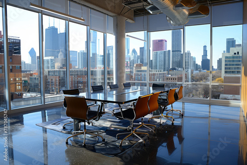 With a backdrop of an impressive cityscape, a successful business meeting transpires in a contemporary office, fostering creativity and productivity. photo