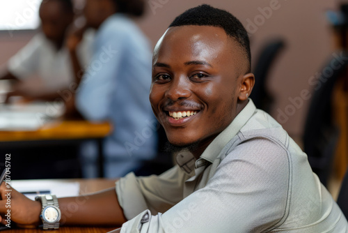 With a confident smile, a young African entrepreneur demonstrates his leadership in a professional office boardroom meeting, inspiring trust and respect.