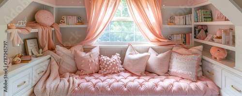 A pink bedroom with a pink bed and pink pillows. The room is decorated with pink and white items