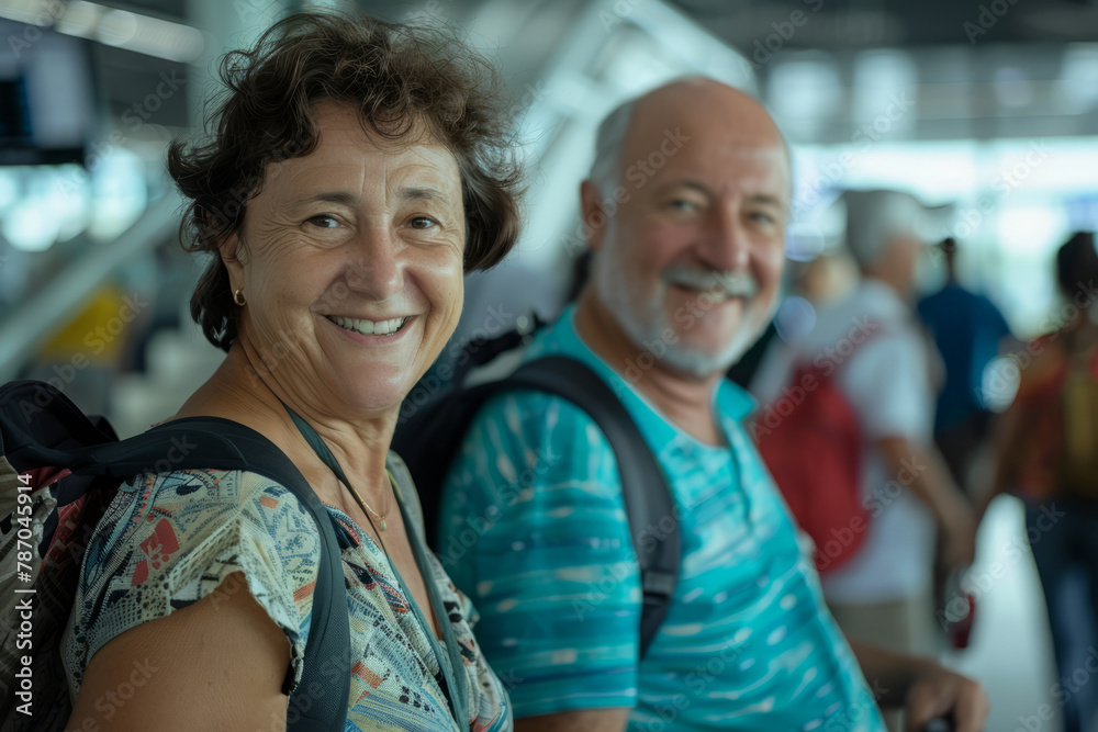 With smiles of anticipation, a Spanish couple happily boards a plane at the airport, beginning their summer vacation with joy and enthusiasm for the experiences ahead.