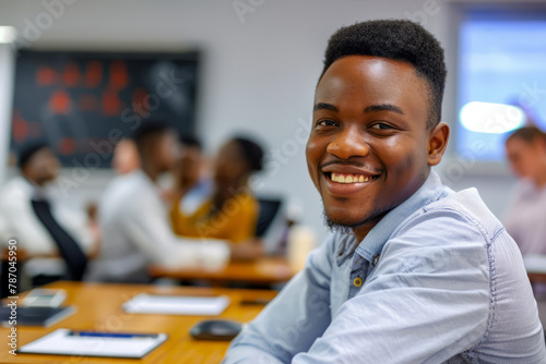 With unwavering confidence, a young African entrepreneur smiles brightly in the office boardroom meeting, signaling his readiness to drive success and innovation.