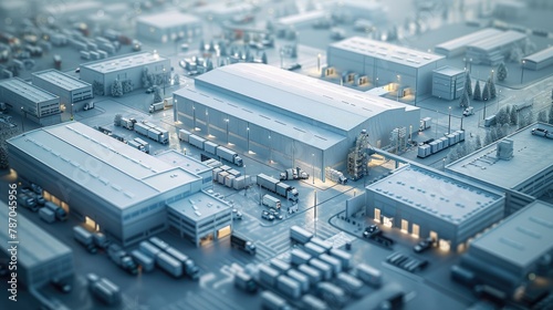 Fototapeta Naklejka Na Ścianę i Meble -  A big supply chain with different types of transportation, big warehouses, high office buildings, parcel carriers, in 3d style with white material. Aerial high view. Generative AI.