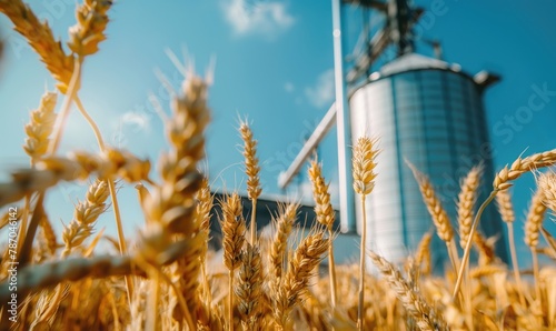 Modern granary and ripe wheat grain elevator photo taken through a wheat field for agriculture and industry on sunny day with blue sky
