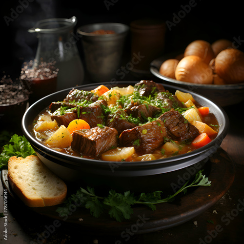 beef stew with vegetables and herbs in a bowl on a dark background