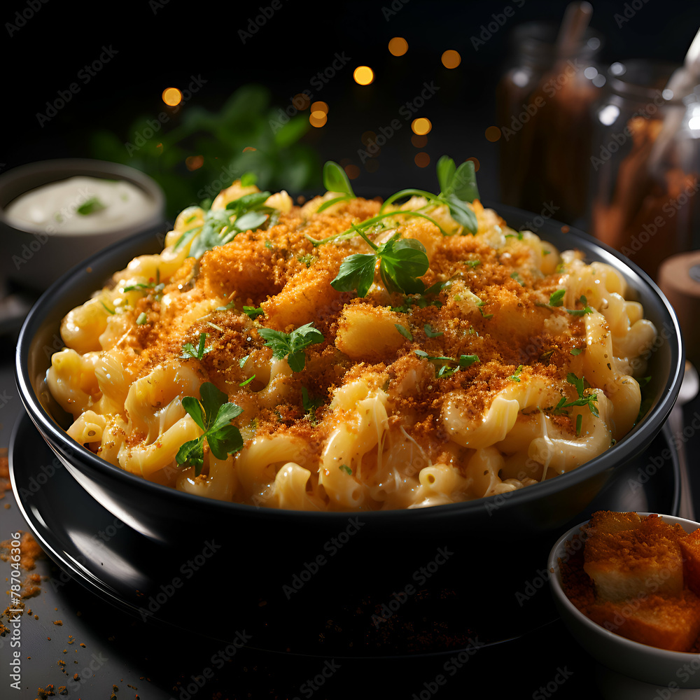 Delicious macaroni with cheese and herbs on a black background Delicious macaroni with cheese and herbs on a black background
