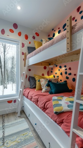 A bunk bed with a colorful wall behind it. The bed is white and has a red comforter photo