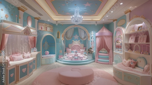 A pink and blue room with a chandelier and a pink bed. The room is decorated with pink and blue colors and has a princess theme